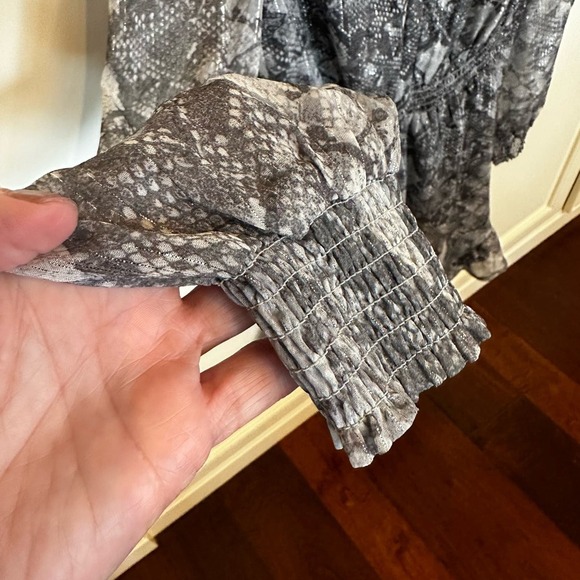 Wayf Revolve Women’s Snake Print Chiffon Keyhole Metallic Ruffle Mini Dress - Picture 11 of 13